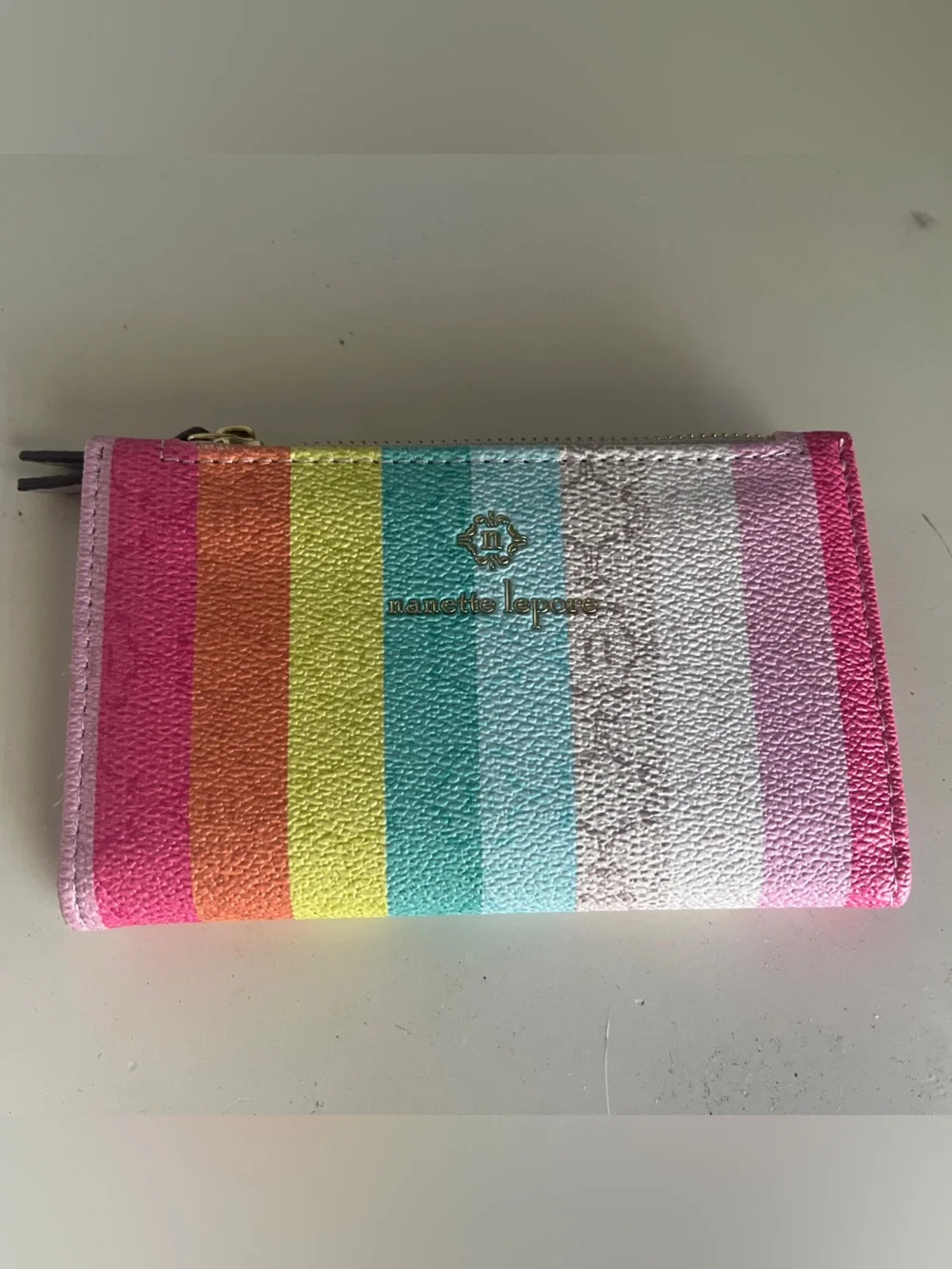 Nanette Lepore Pink Orange Yellow Green Blue White Stripe Zip Wallet - Picture 1 of 4